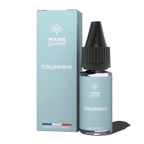 flacon 10 ml e-liquide Colombia CBD marque Marie Jeanne et son etui en carton sur fond transparent
