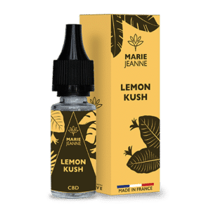 Flacon 10 ml e-liquide Lemon Kush et son étui carton cbd de la marque marie jeanne sur un fond transparent