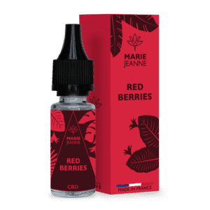 flacon 10 ml e-liquide Red Berries CBD marque Marie Jeanne et son etui en carton sur fond transparent