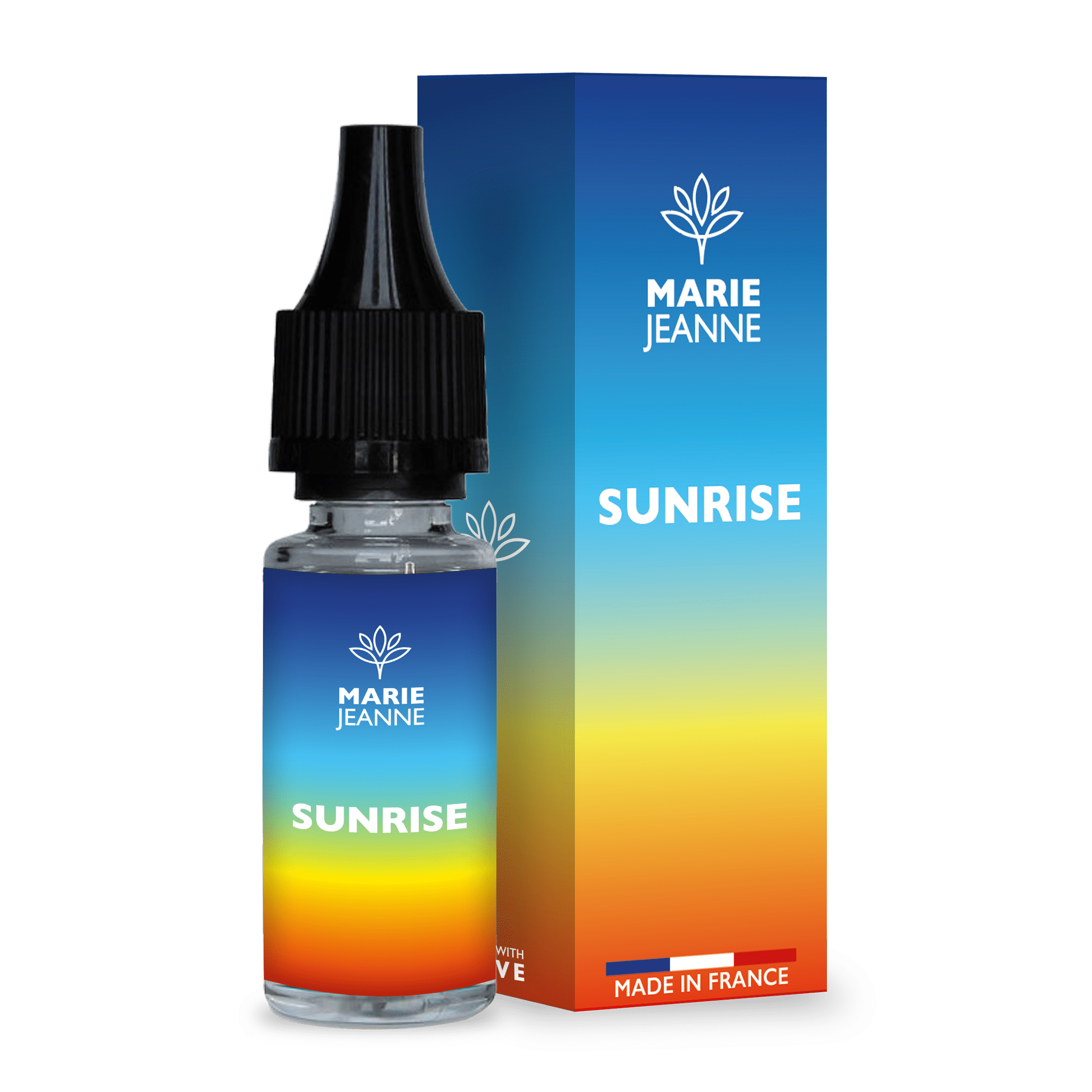 flacon 10 ml e-liquide Sunrise CBD marque Marie Jeanne et son etui en carton sur fond transparent
