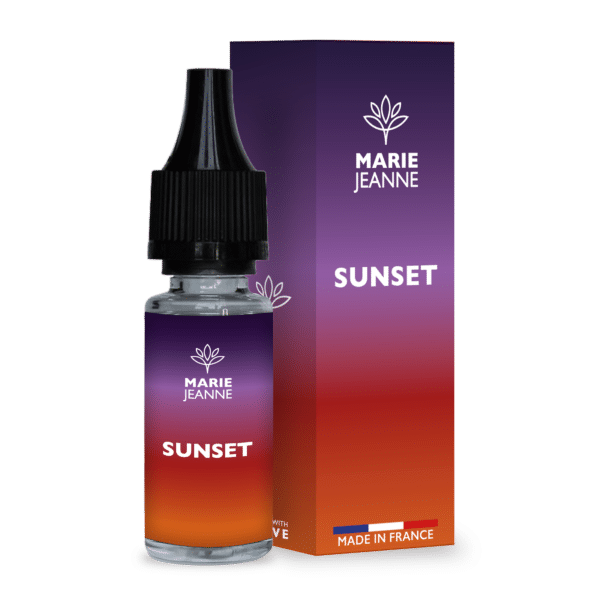 flacon 10 ml e-liquide cbd sunset marie jeanne et son etui en carton sur fond transparent