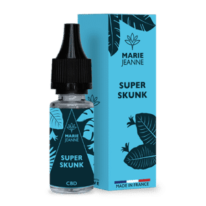 flacon 10 ml e-liquide Super skunk CBD marque Marie Jeanne et son etui en carton sur fond transparent