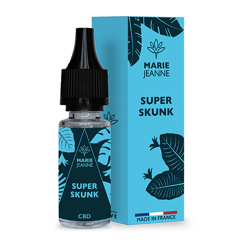 flacon 10 ml e-liquide Super skunk CBD marque Marie Jeanne et son etui en carton sur fond transparent